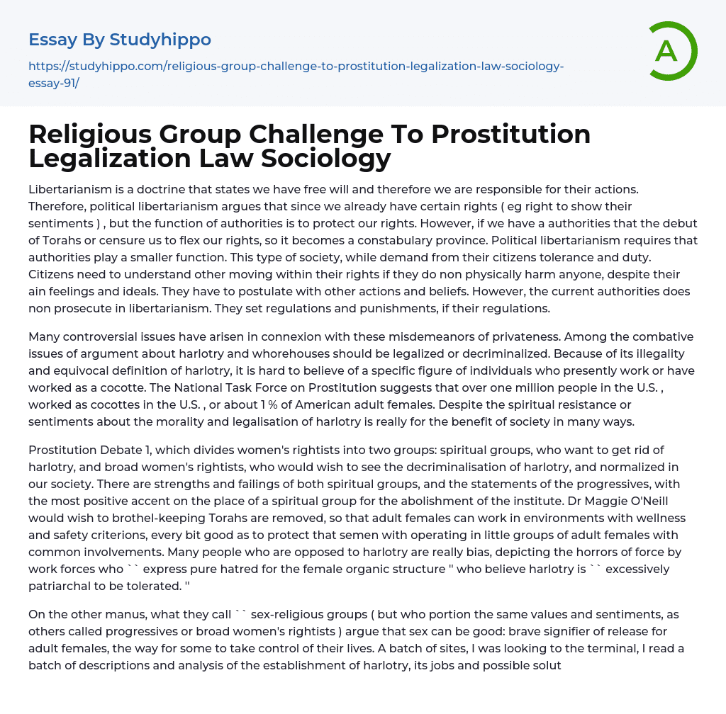 Religious Group Challenge To Prostitution Legalization Law Sociology Essay Example