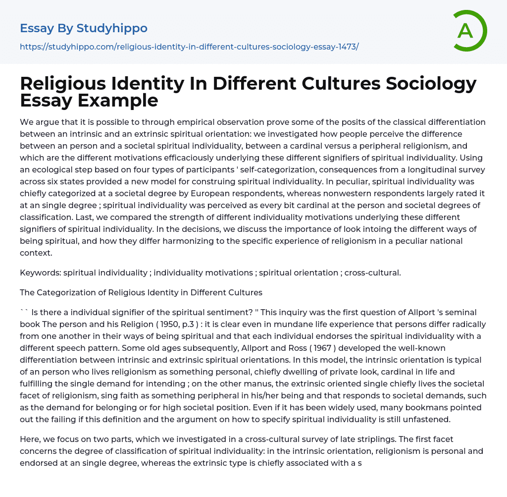 Religious Identity In Different Cultures Sociology Essay Example