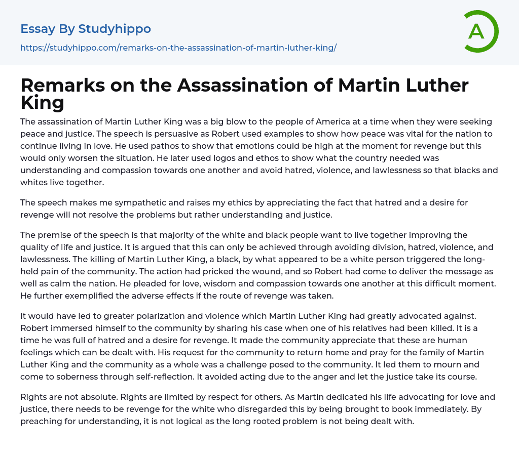 Remarks on the Assassination of Martin Luther King Essay Example