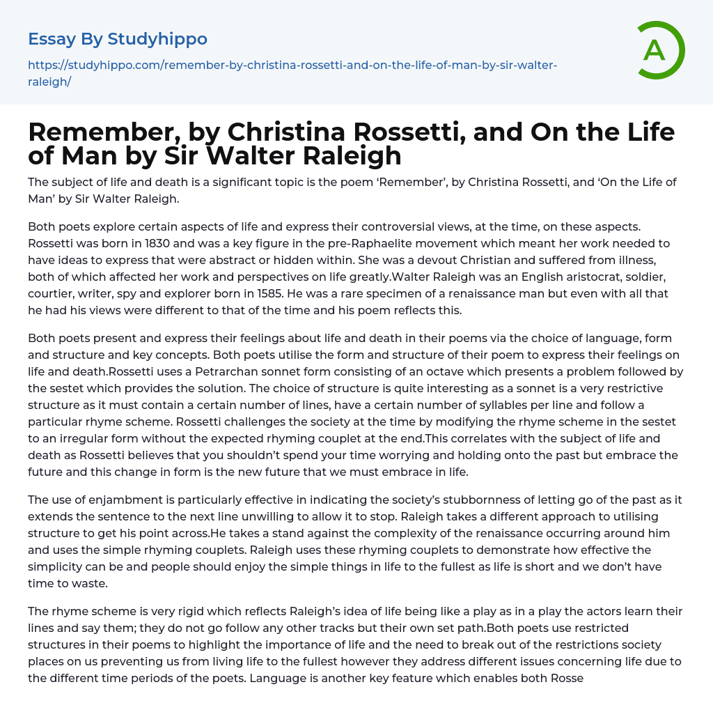 Remember, by Christina Rossetti, and On the Life of Man by Sir Walter Raleigh Essay Example