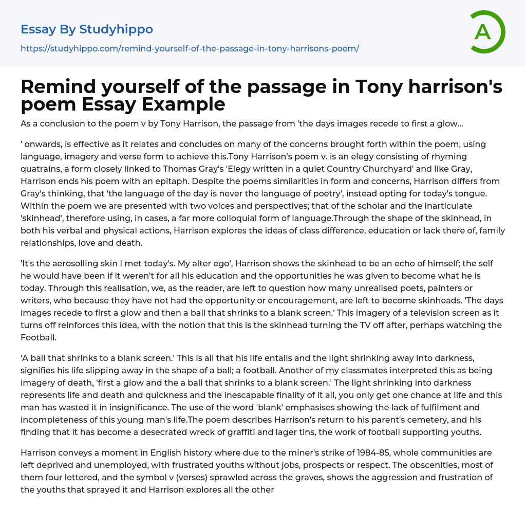 Remind yourself of the passage in Tony harrison’s poem Essay Example