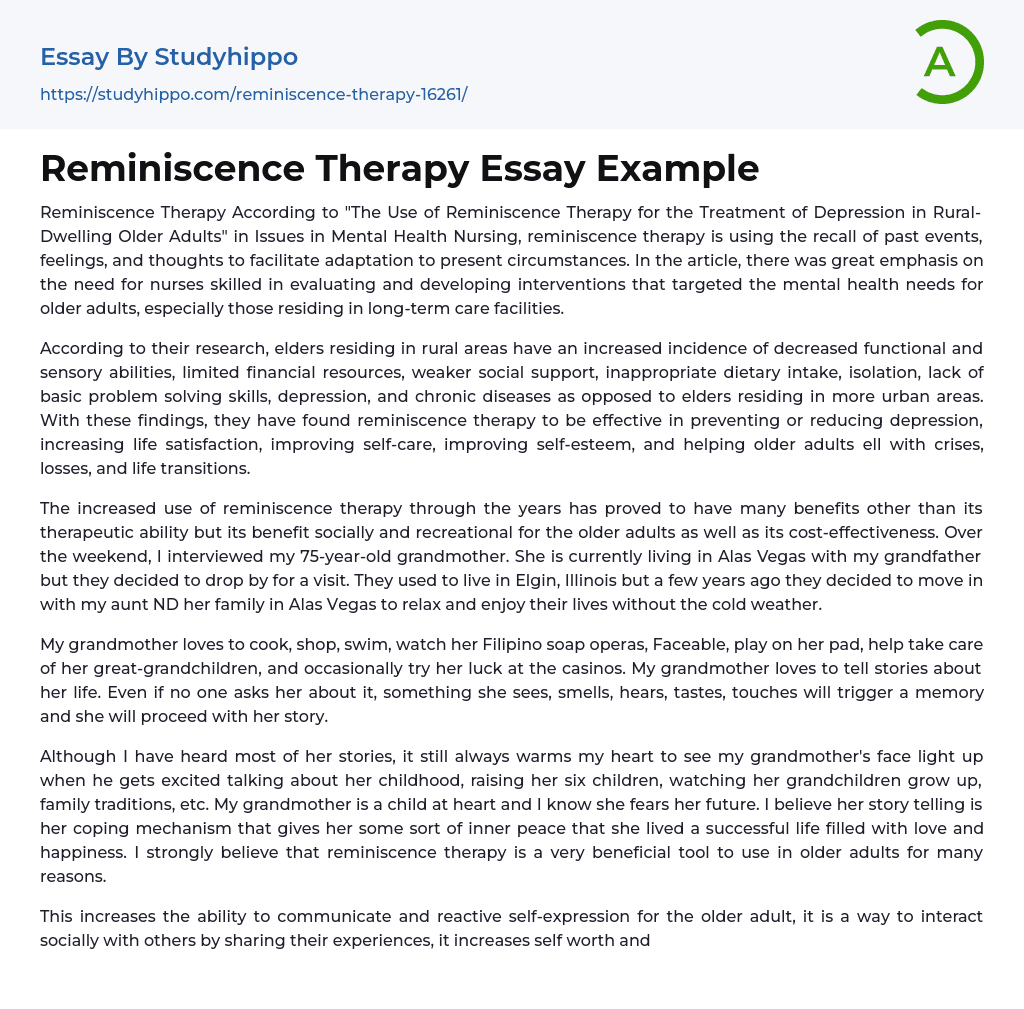 Reminiscence Therapy Essay Example