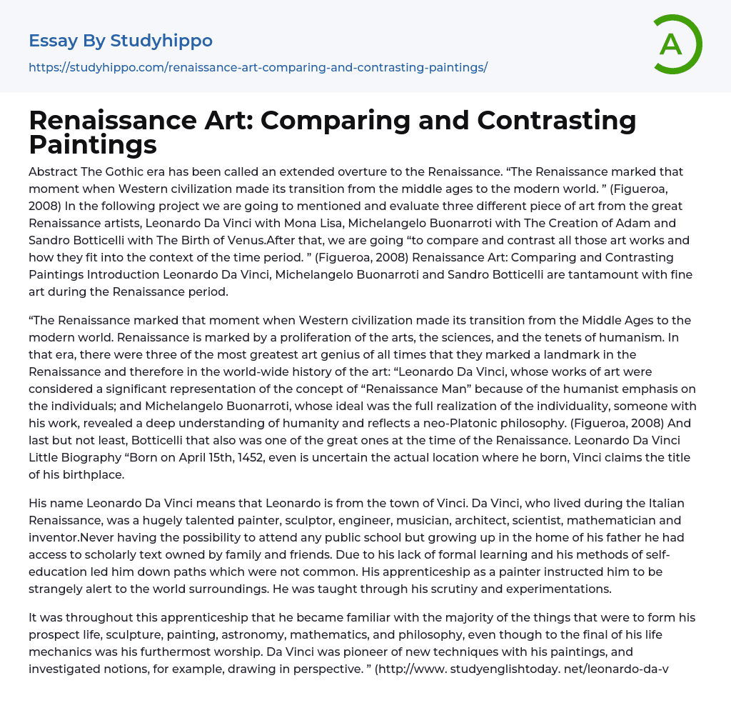 Renaissance Art: Comparing and Contrasting Paintings Essay Example