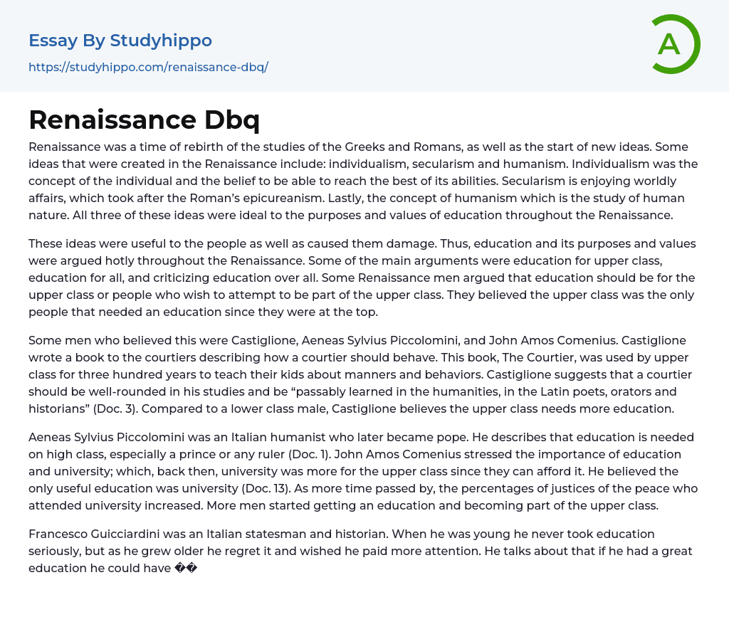 Renaissance Dbq Essay Example