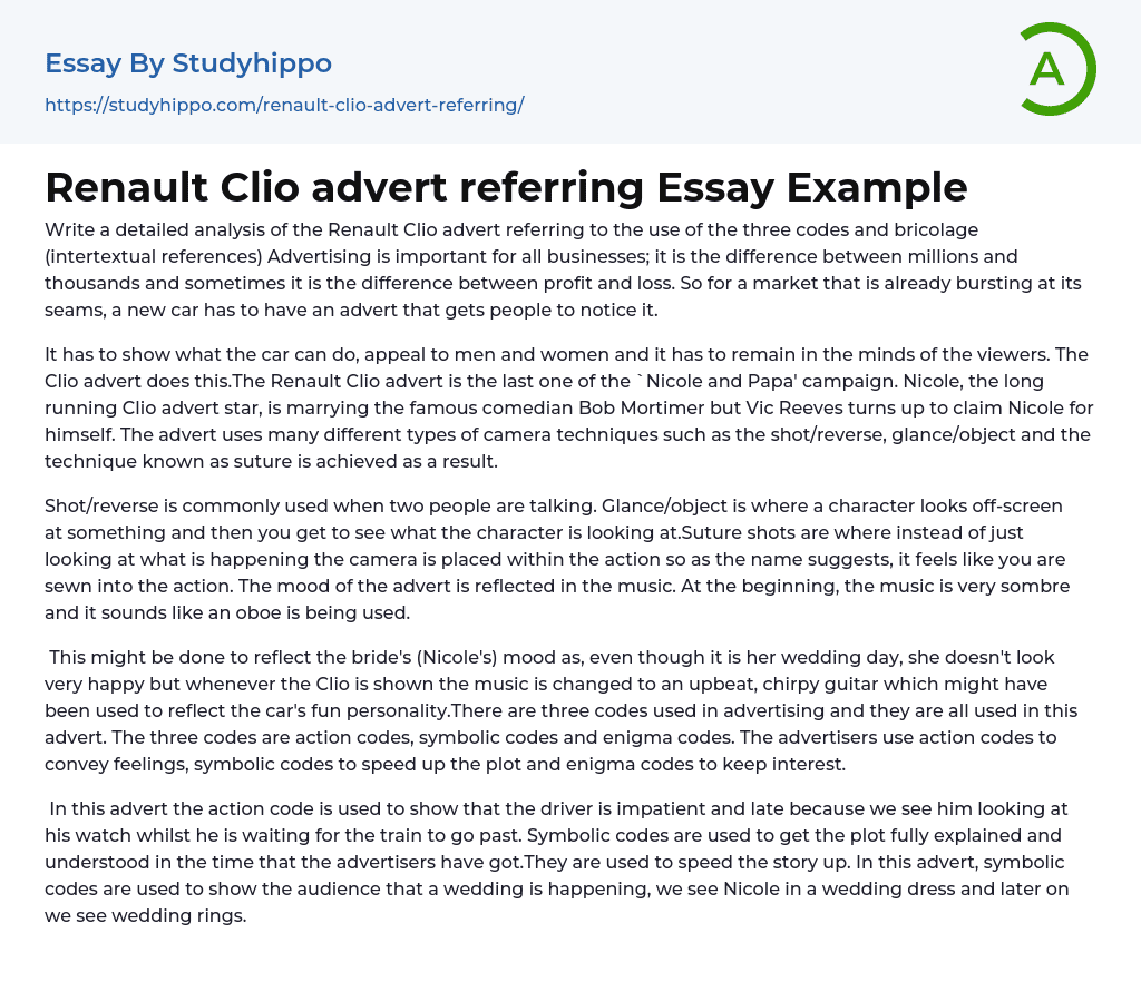 Renault Clio advert referring Essay Example