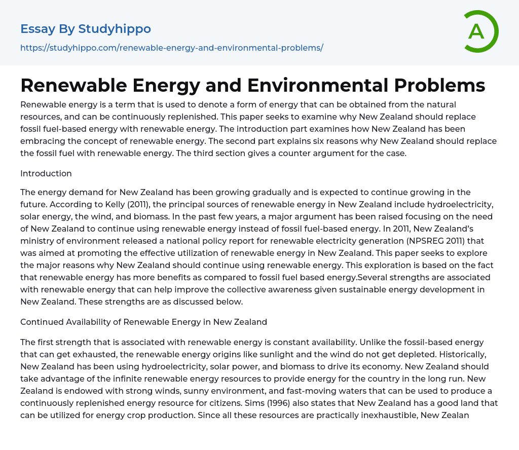 Renewable Energy and Environmental Problems Essay Example