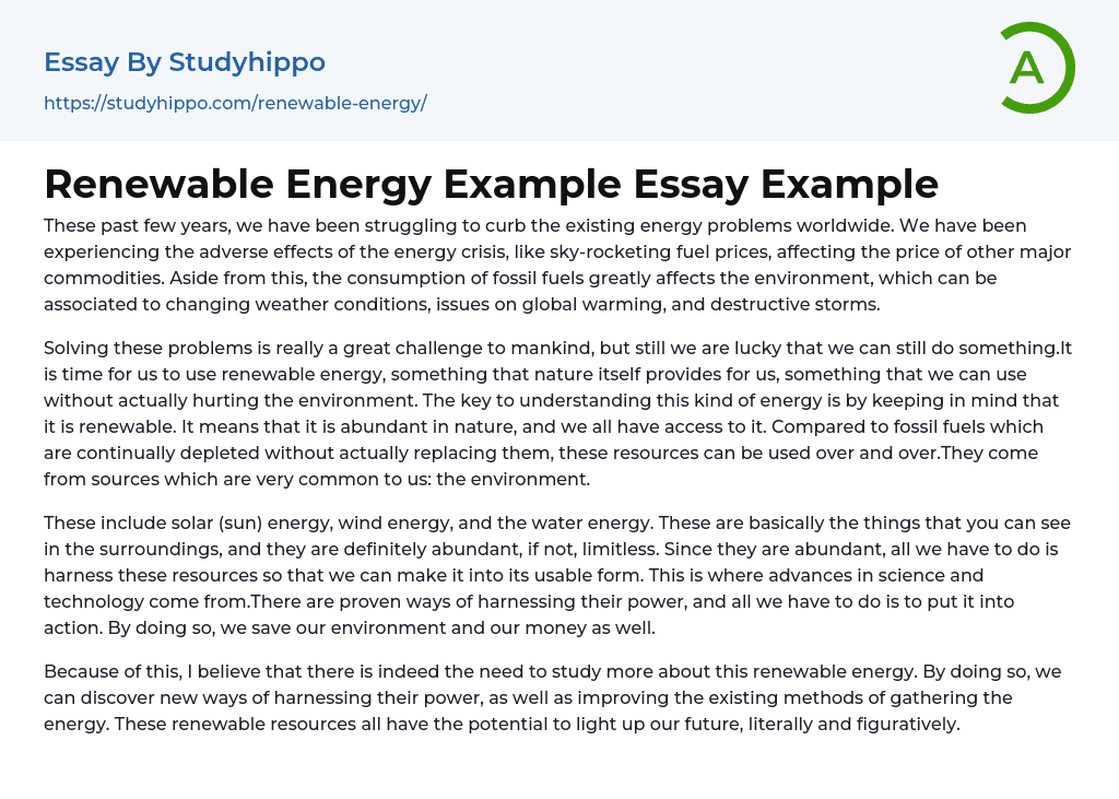 Renewable Energy Example Essay Example