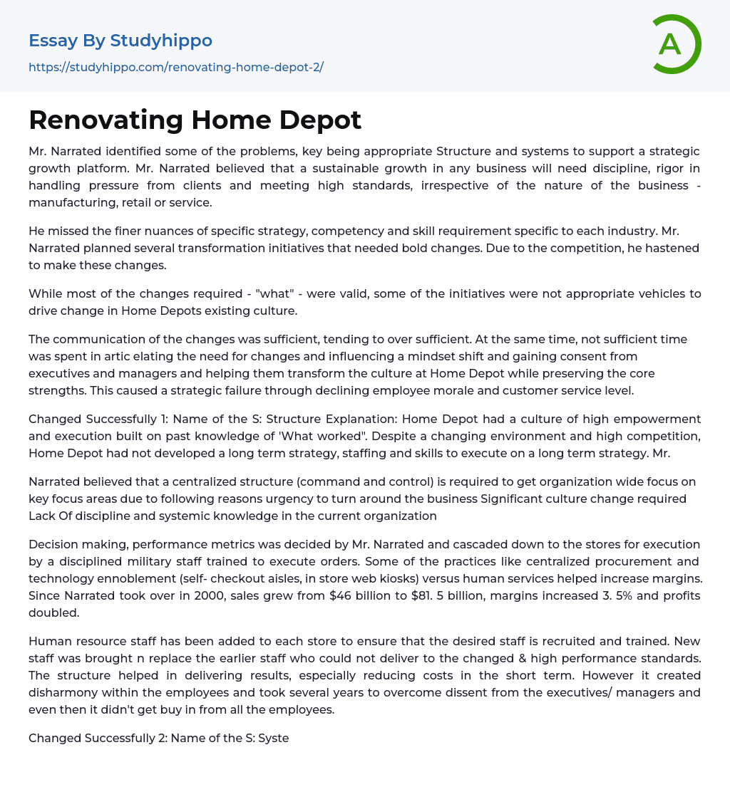 Renovating Home Depot Essay Example