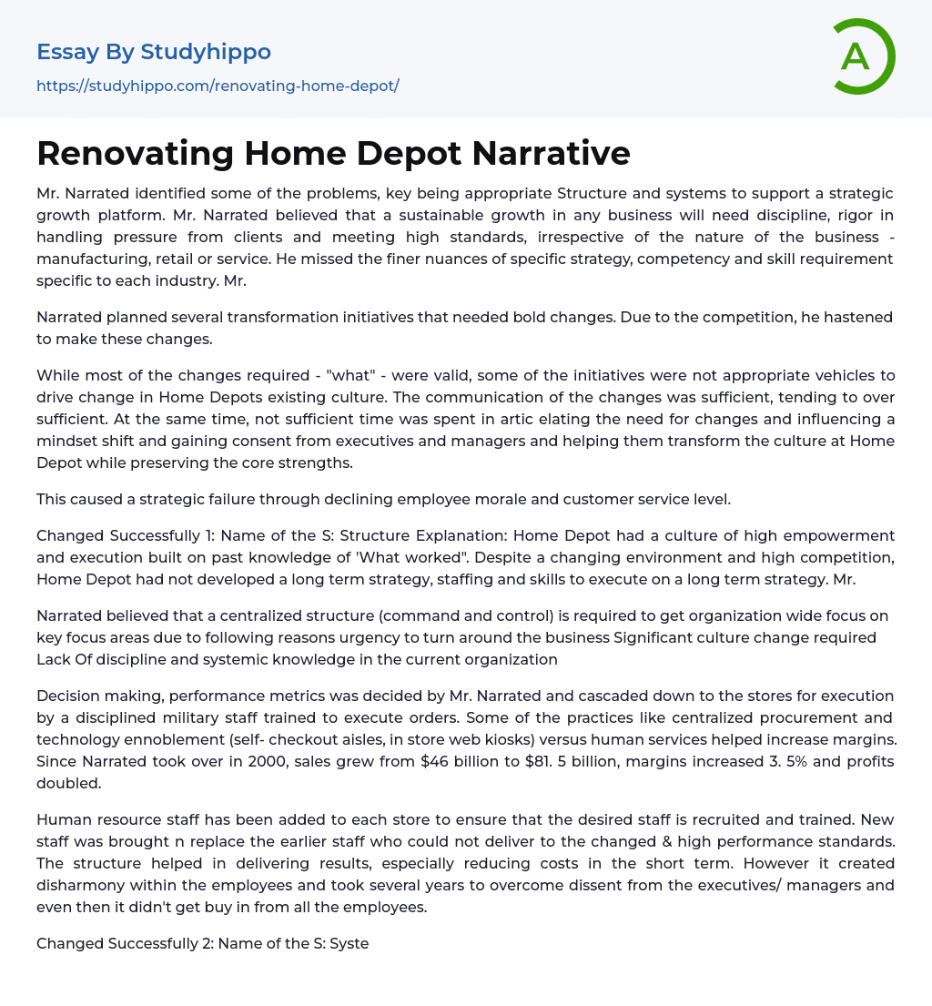 Renovating Home Depot Narrative Essay Example
