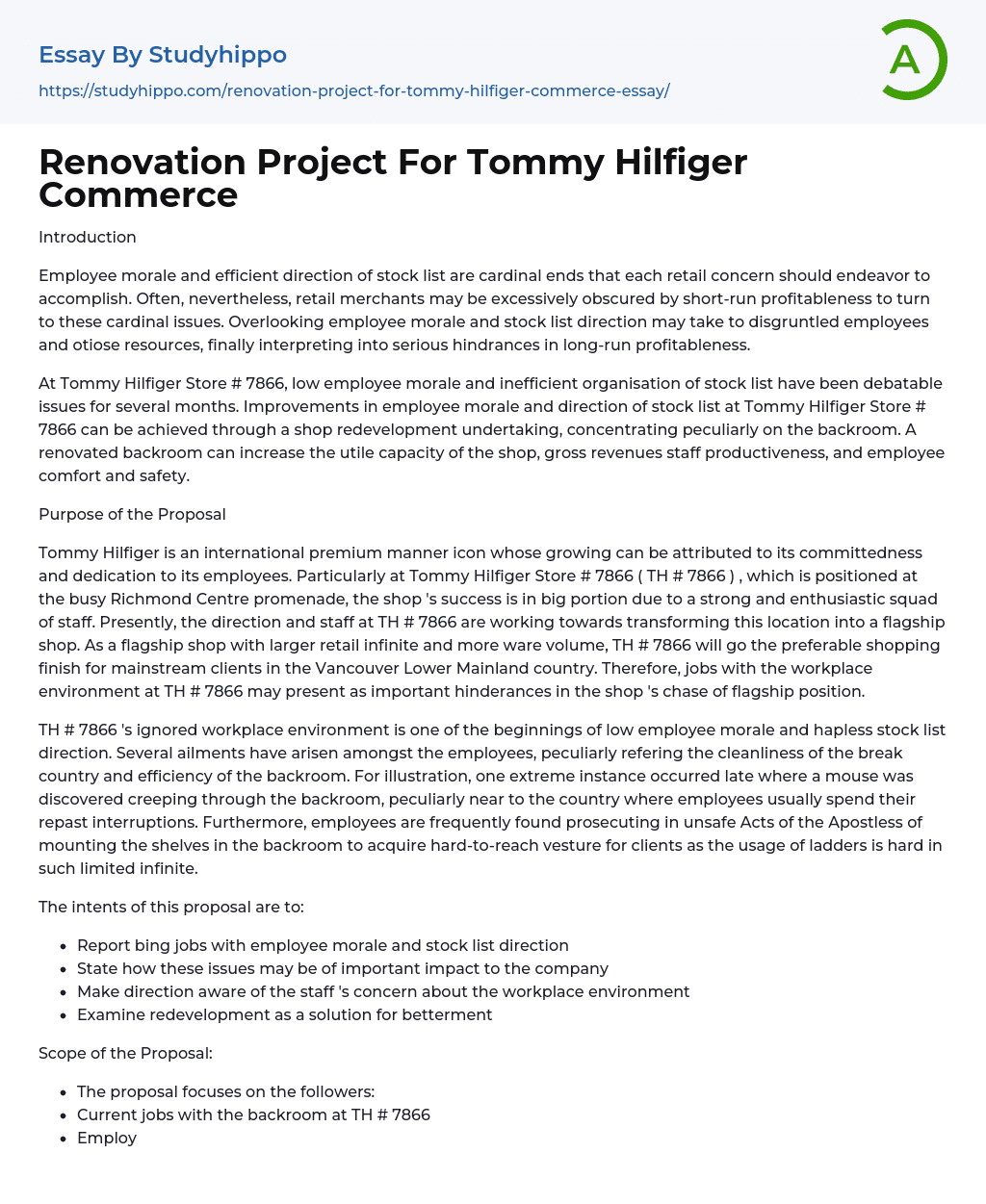 Renovation Project For Tommy Hilfiger Commerce Essay Example