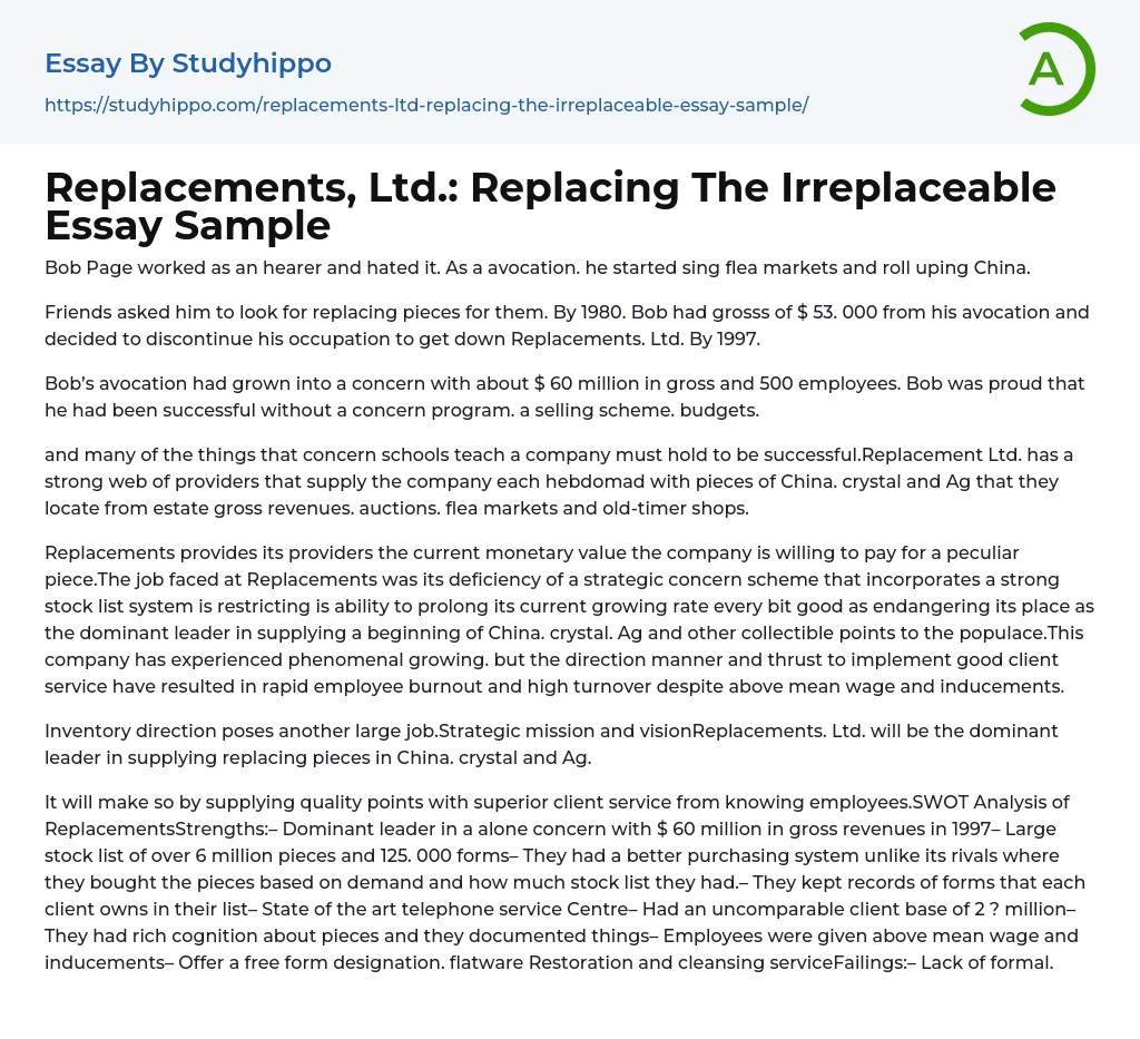 Replacements, Ltd.: Replacing The Irreplaceable Essay Sample