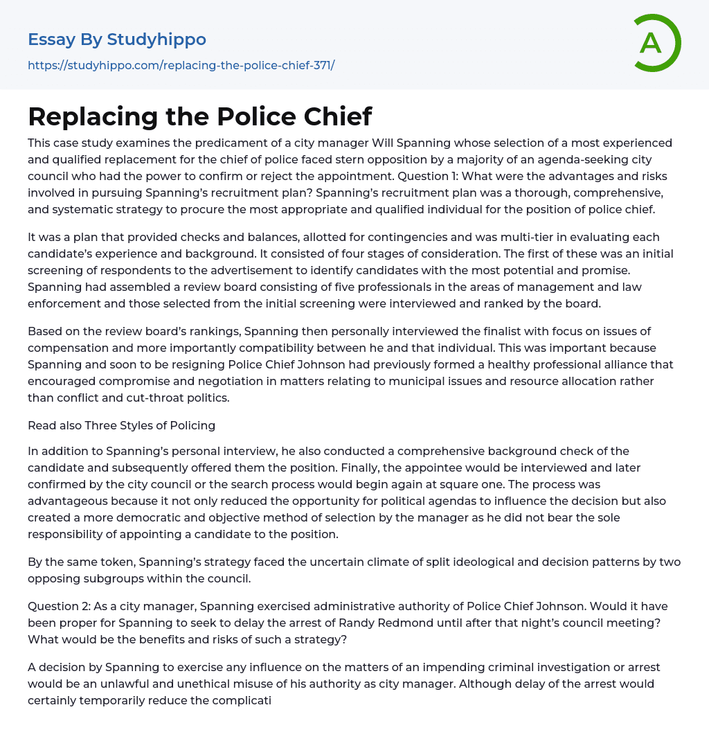 Replacing the Police Chief Essay Example
