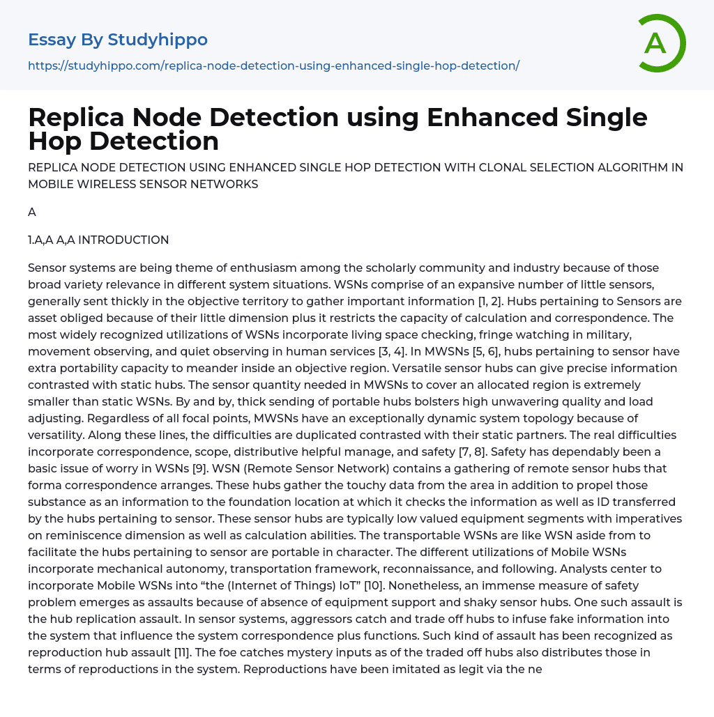 Replica Node Detection using Enhanced Single Hop Detection Essay Example