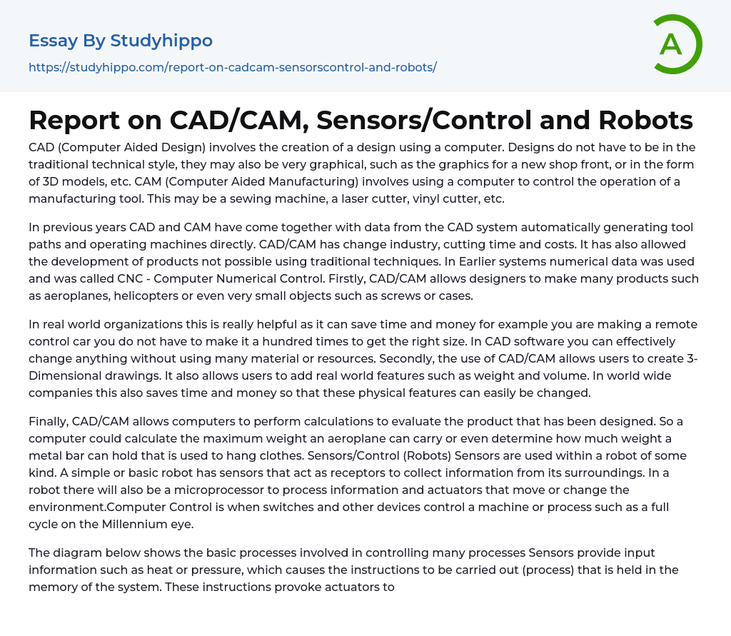 Report on CAD/CAM, Sensors/Control and Robots Essay Example