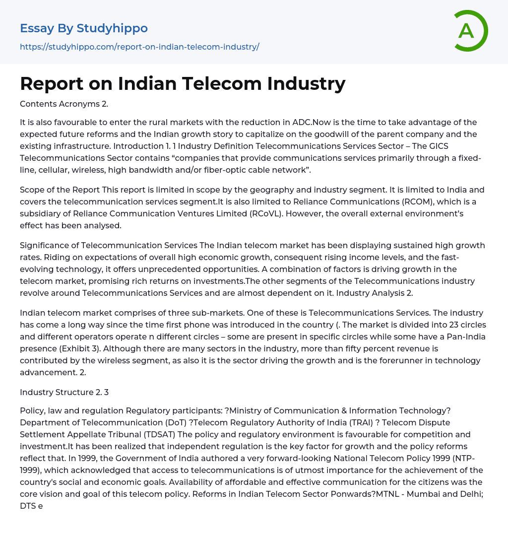 Report on Indian Telecom Industry Essay Example