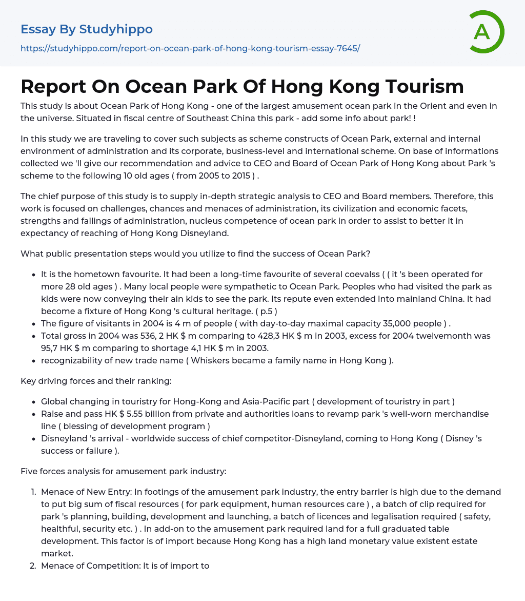 Report On Ocean Park Of Hong Kong Tourism Essay Example