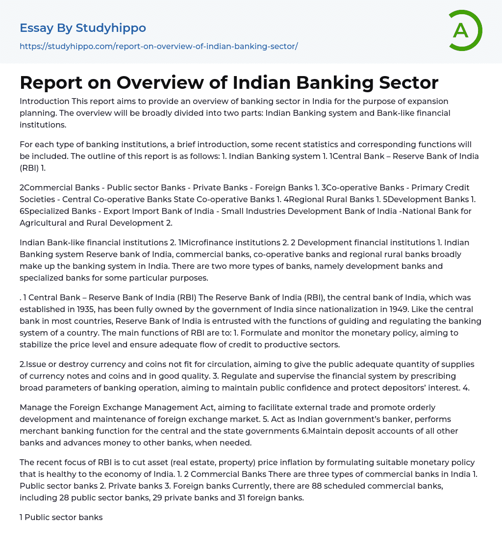 Report on Overview of Indian Banking Sector Essay Example
