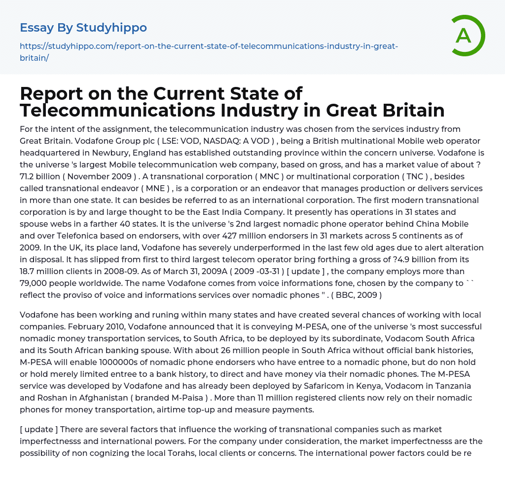 Report on the Current State of Telecommunications Industry in Great Britain Essay Example