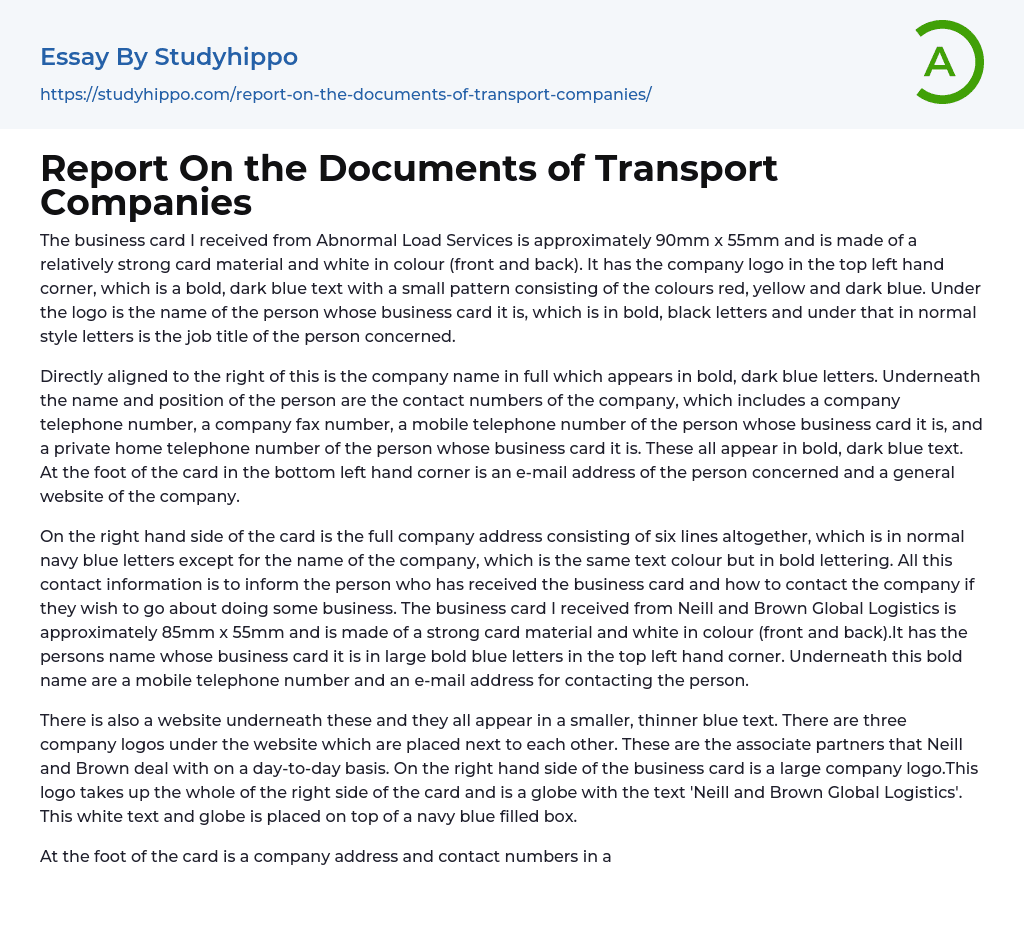 Report On the Documents of Transport Companies Essay Example