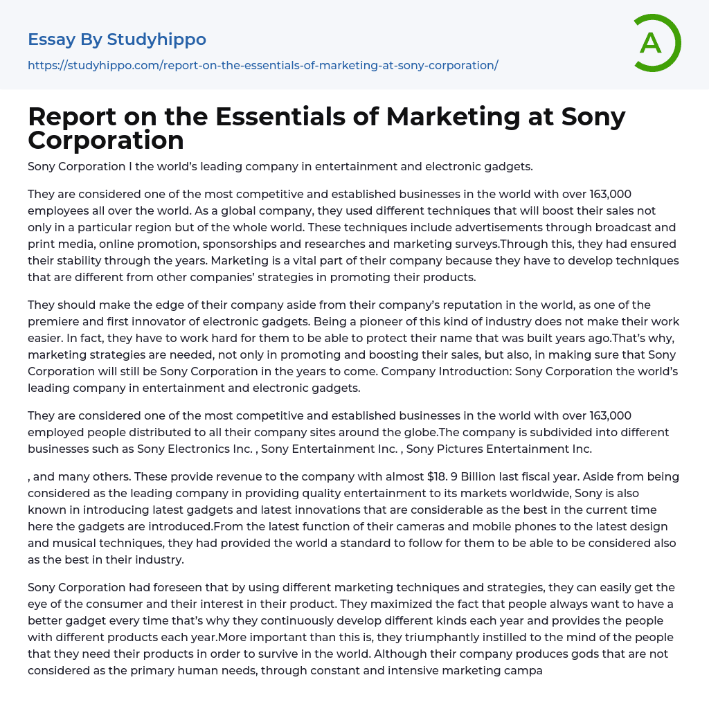 Report on the Essentials of Marketing at Sony Corporation Essay Example