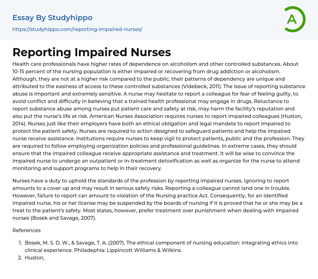 Reporting Impaired Nurses Essay Example