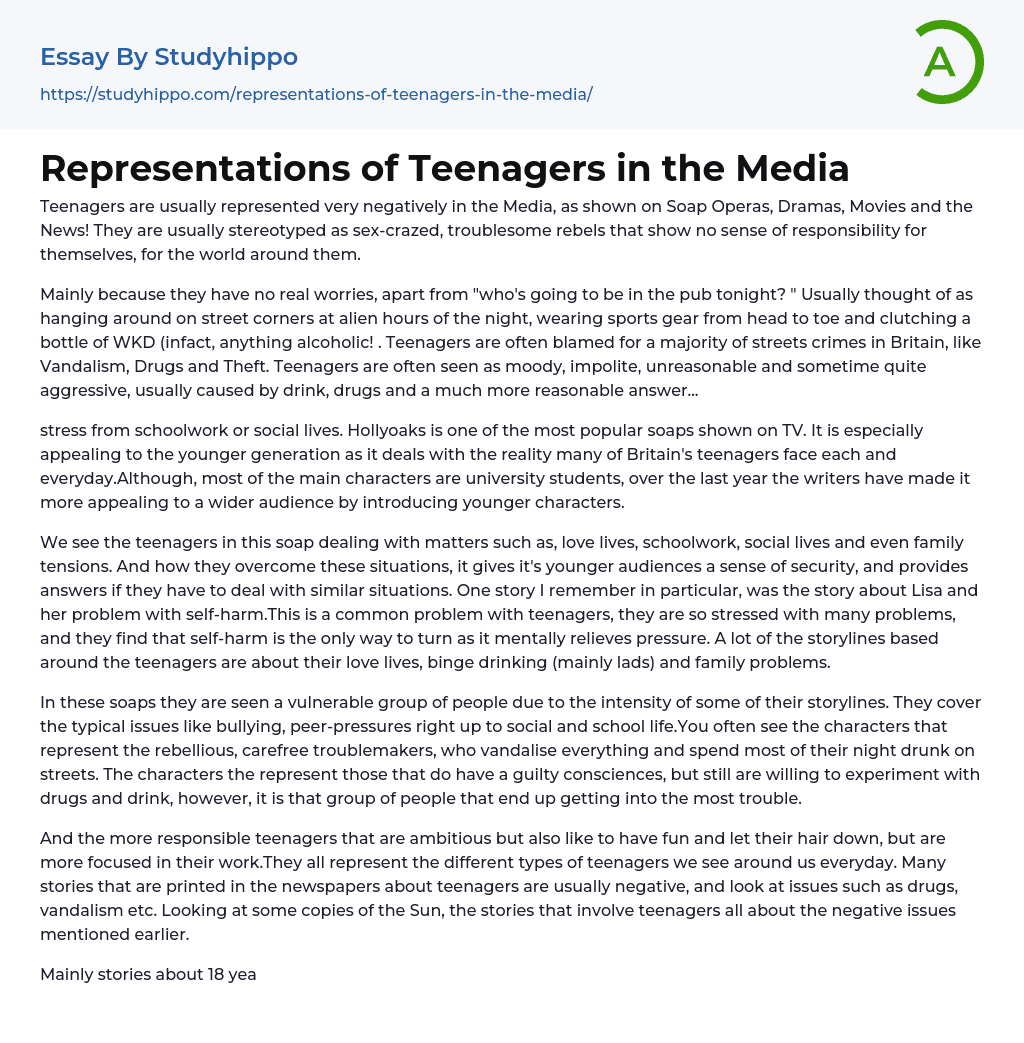 Representations of Teenagers in the Media Essay Example
