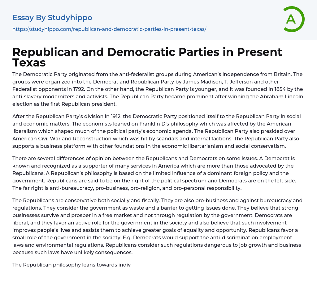Republican and Democratic Parties in Present Texas Essay Example