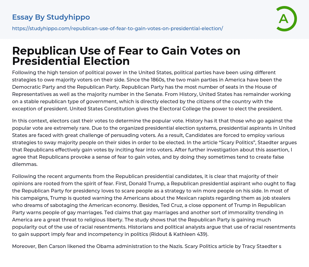 Republican Use of Fear to Gain Votes on Presidential Election Essay Example