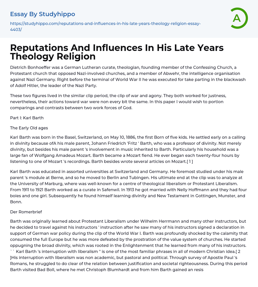 Reputations And Influences In His Late Years Theology Religion Essay Example