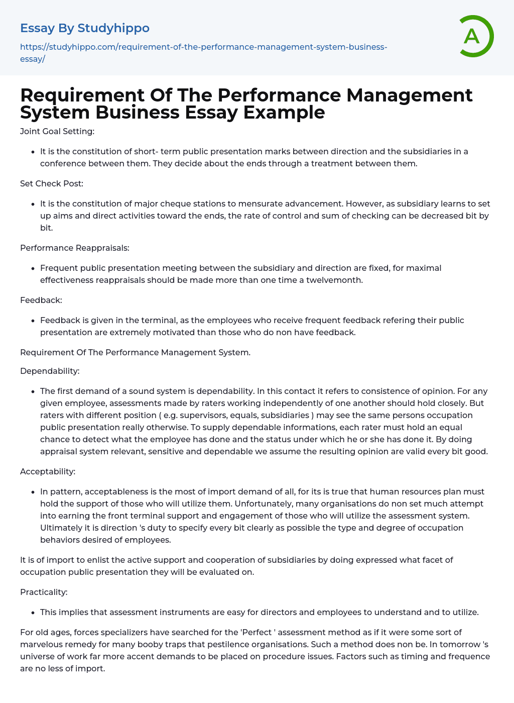 Requirement Of The Performance Management System Business Essay Example