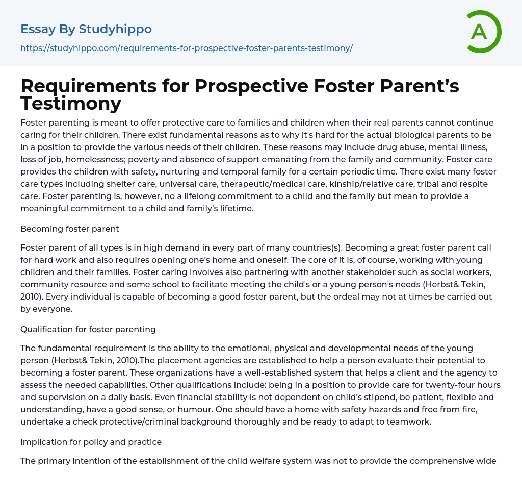 Requirements for Prospective Foster Parent’s Testimony Essay Example