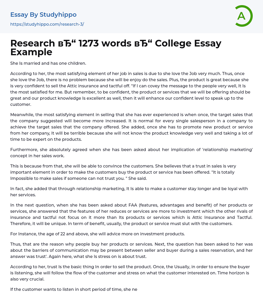 Research 1273 words College Essay Example