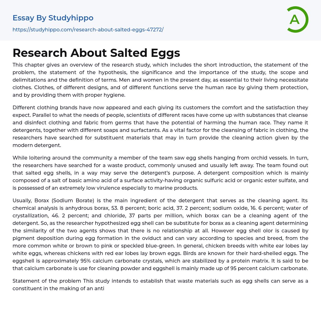 Research About Salted Eggs Essay Example
