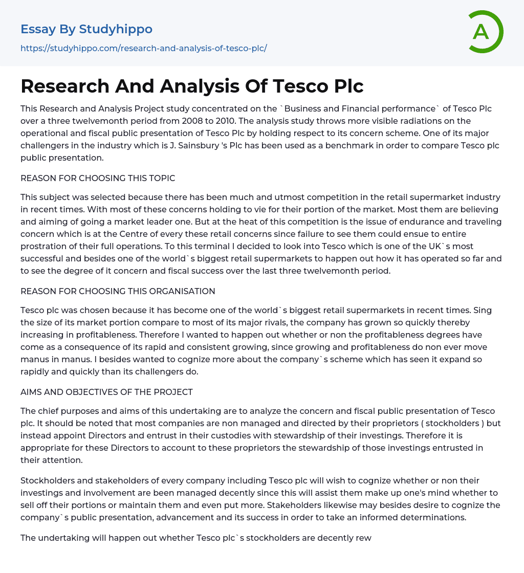 Research And Analysis Of Tesco Plc Essay Example