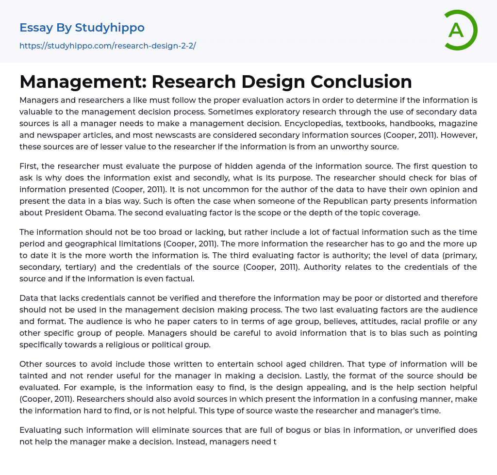 Management: Research Design Conclusion Essay Example