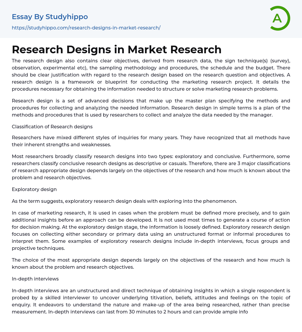 Research Designs in Market Research Essay Example
