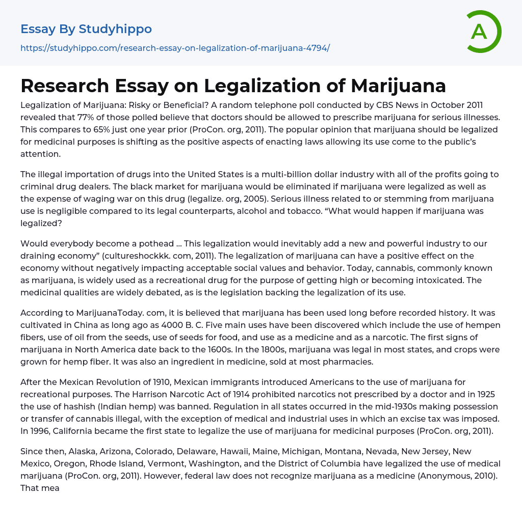 Research Essay on Legalization of Marijuana