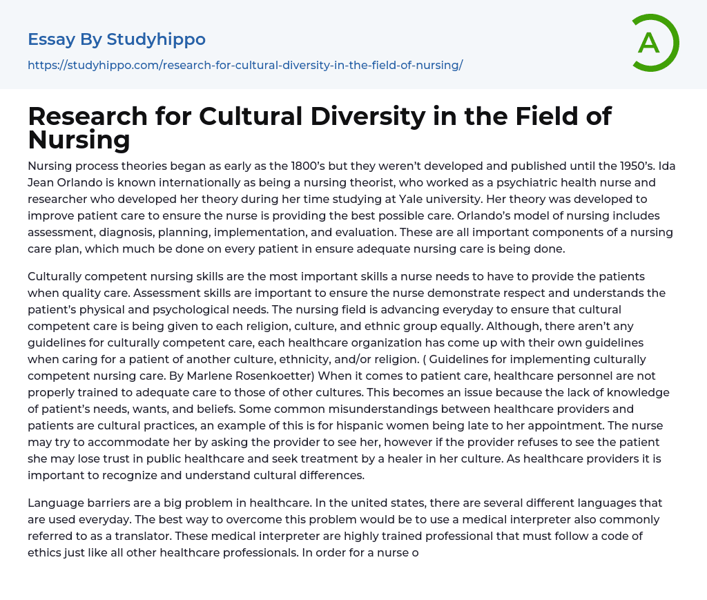 Research for Cultural Diversity in the Field of Nursing Essay Example