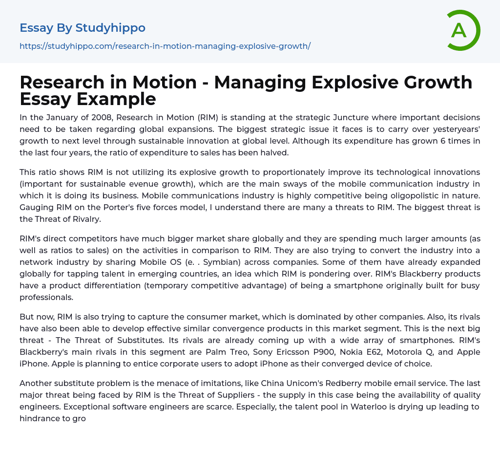 Research in Motion – Managing Explosive Growth Essay Example