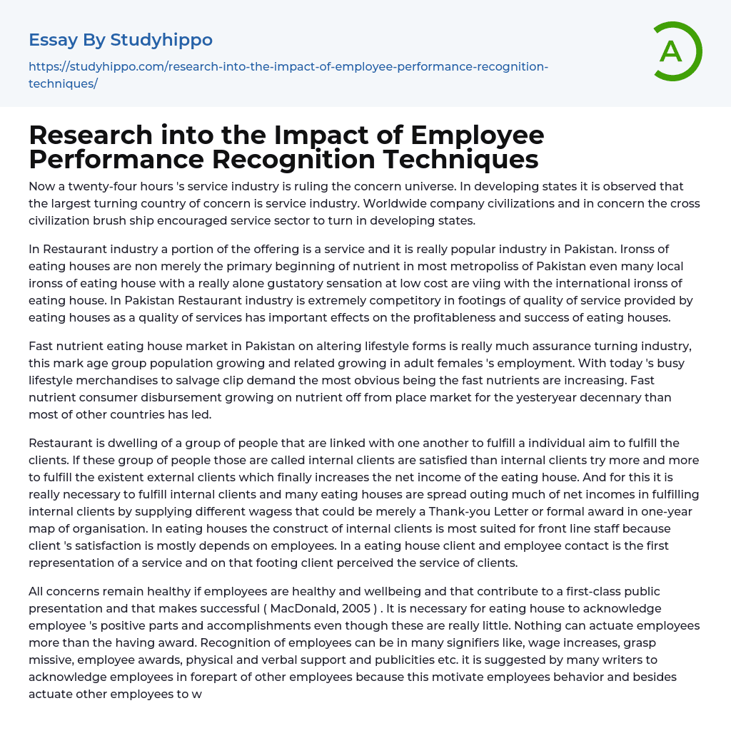 Research into the Impact of Employee Performance Recognition Techniques Essay Example