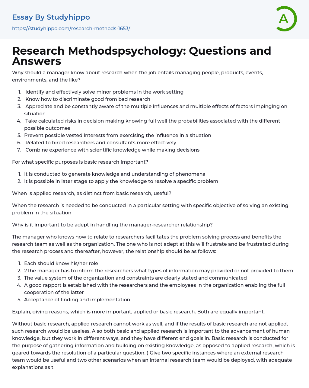 Research Methodspsychology: Questions and Answers Essay Example