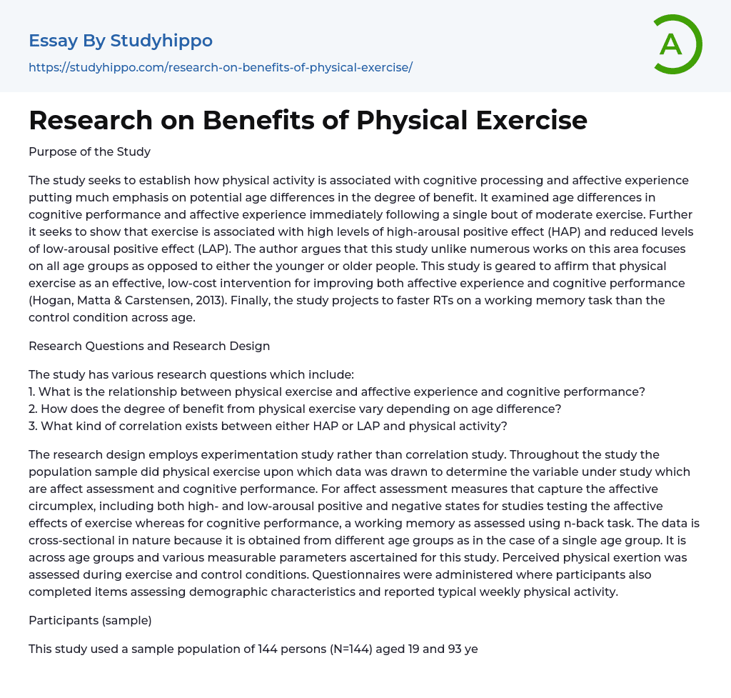 Research on Benefits of Physical Exercise Essay Example