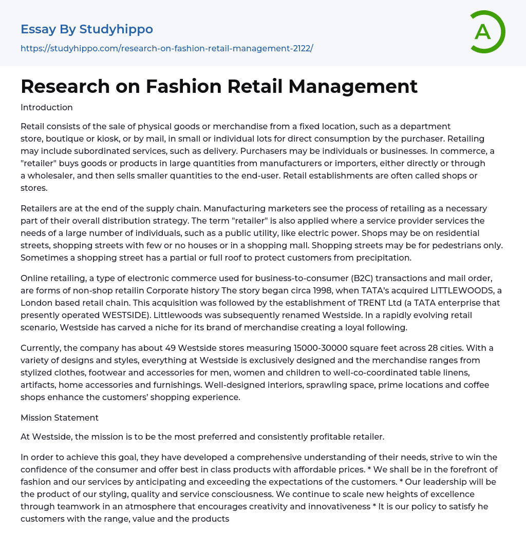 Research on Fashion Retail Management Essay Example