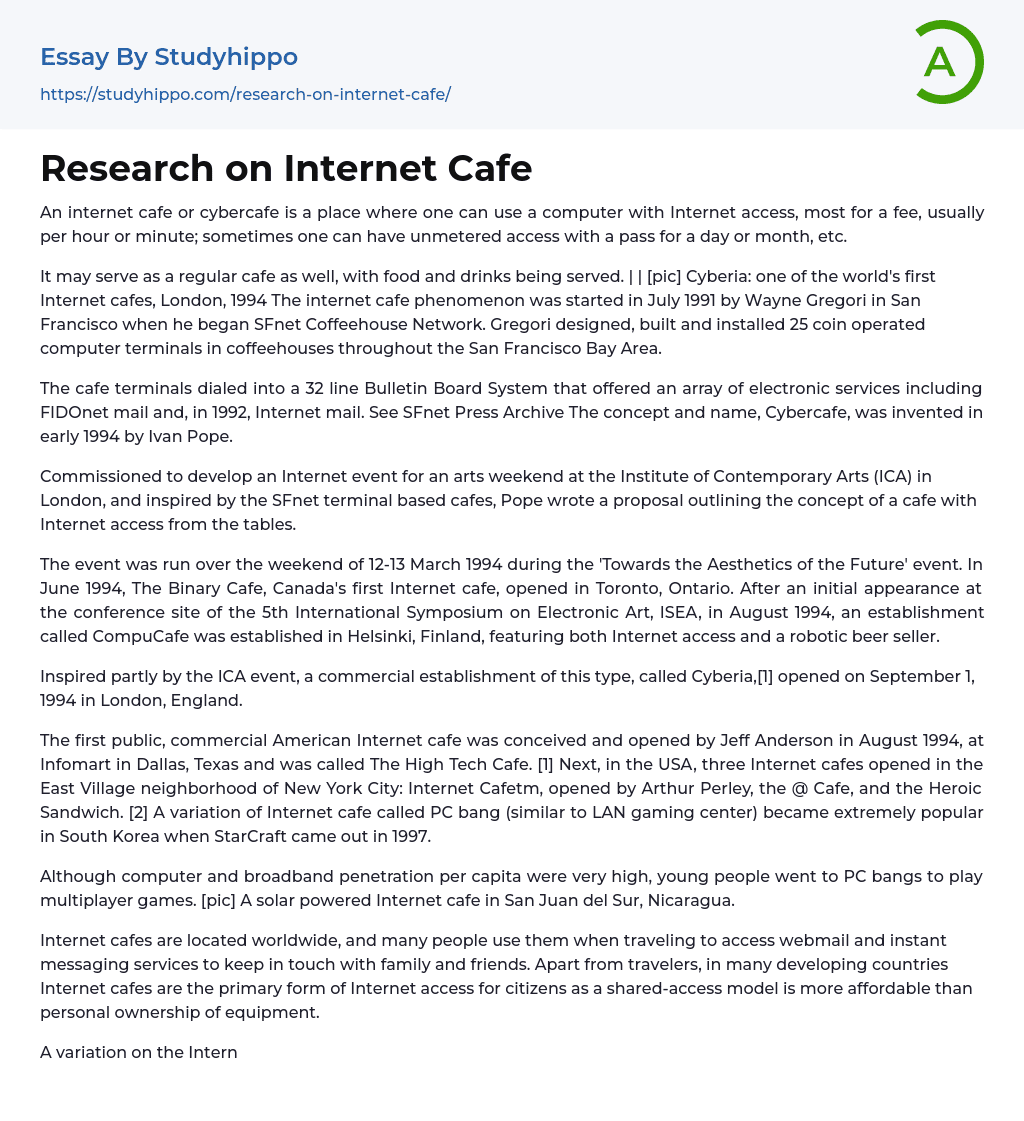 Research on Internet Cafe Essay Example