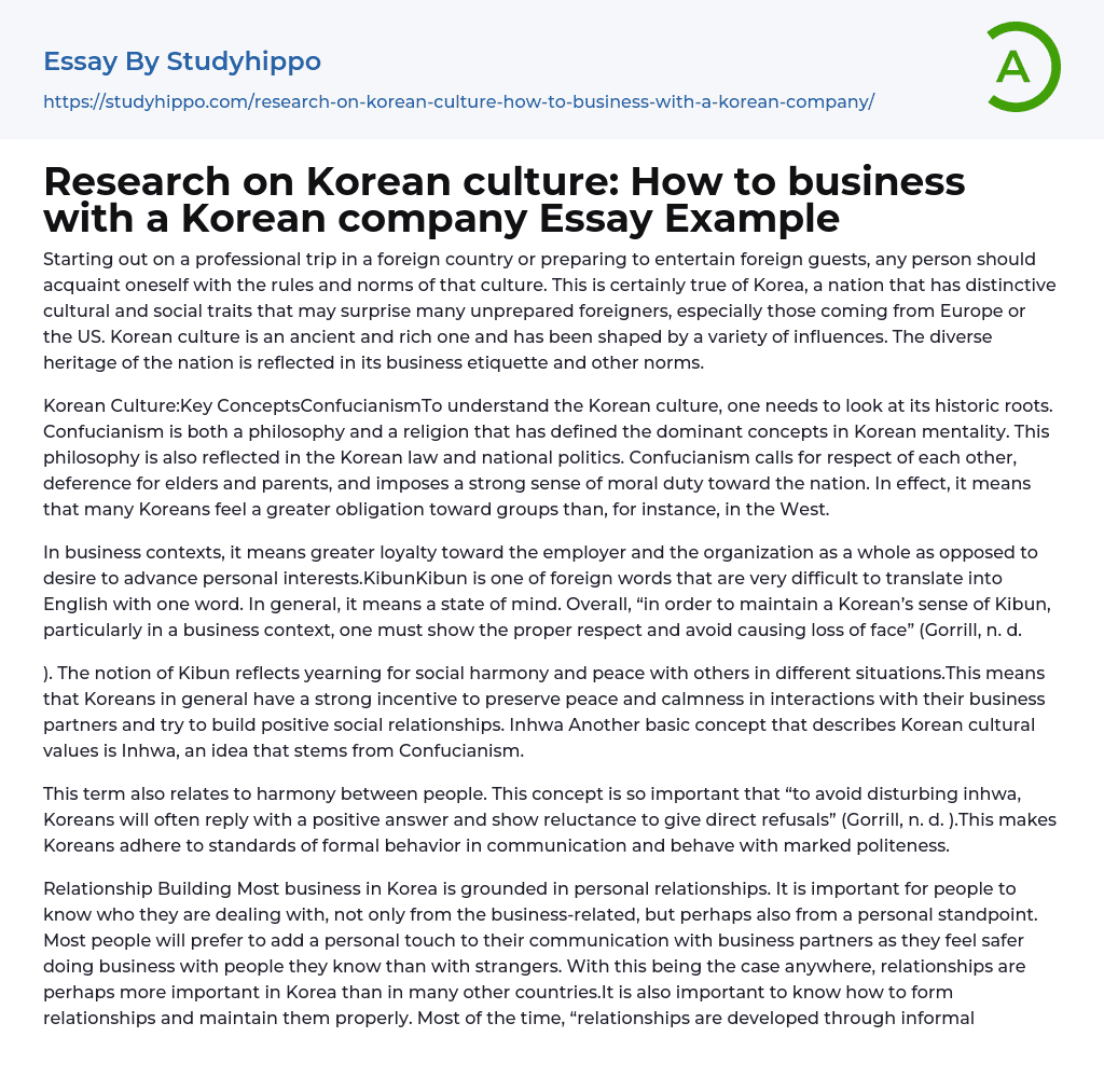 Research on Korean culture: How to business with a Korean company Essay Example