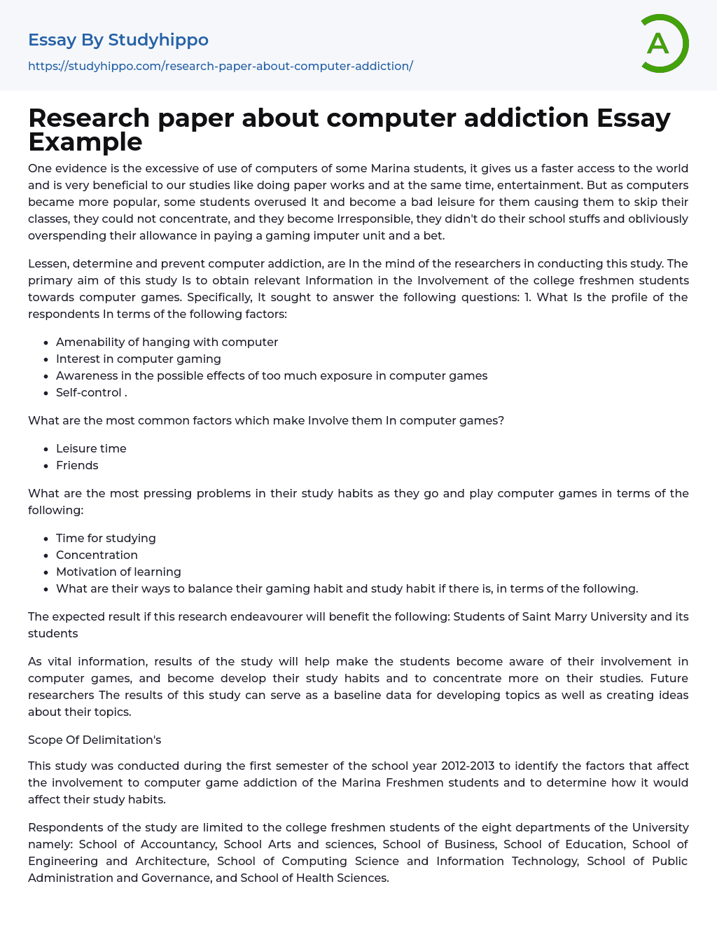 Research paper about computer addiction Essay Example