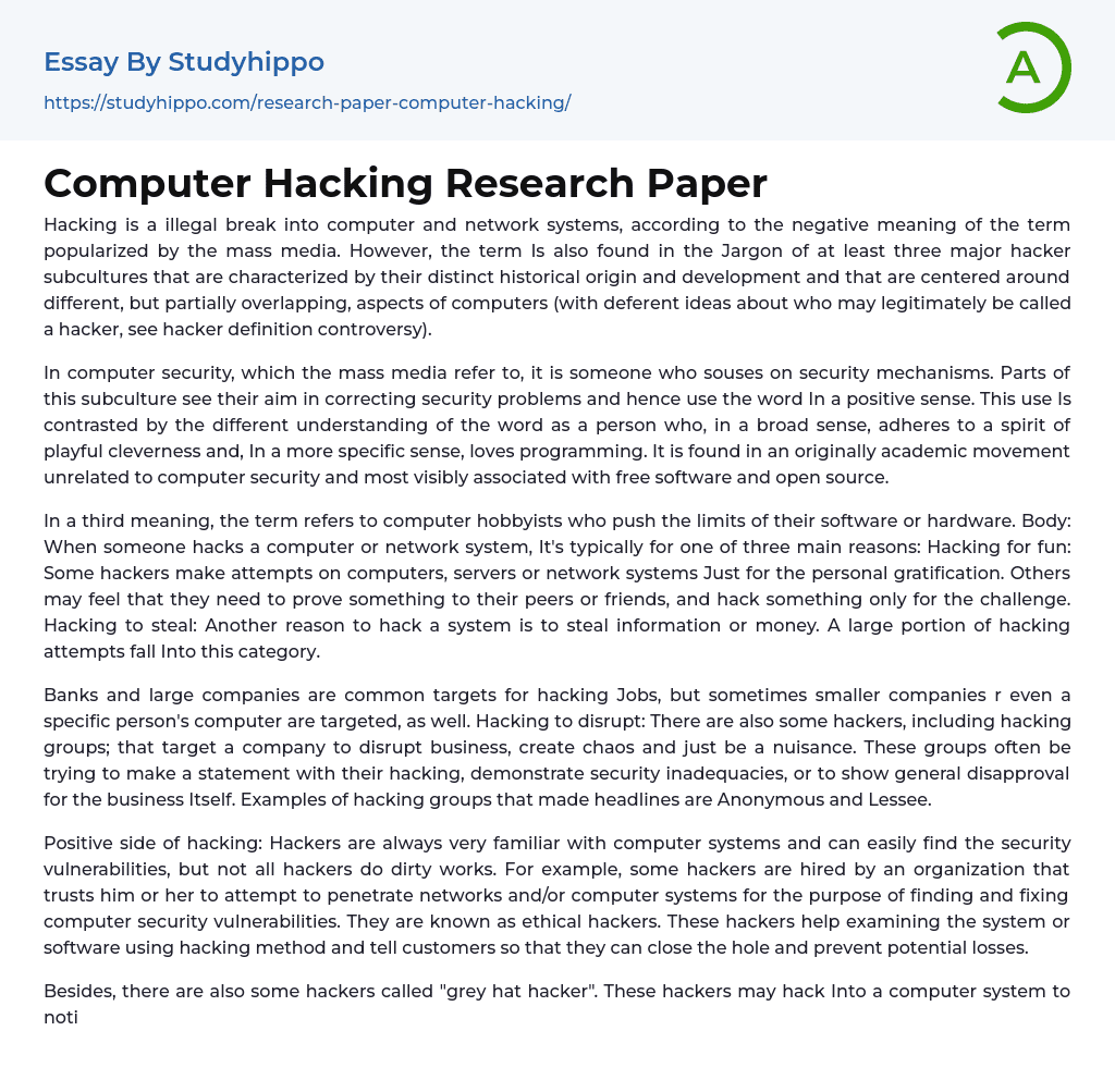 Computer Hacking Research Paper Essay Example