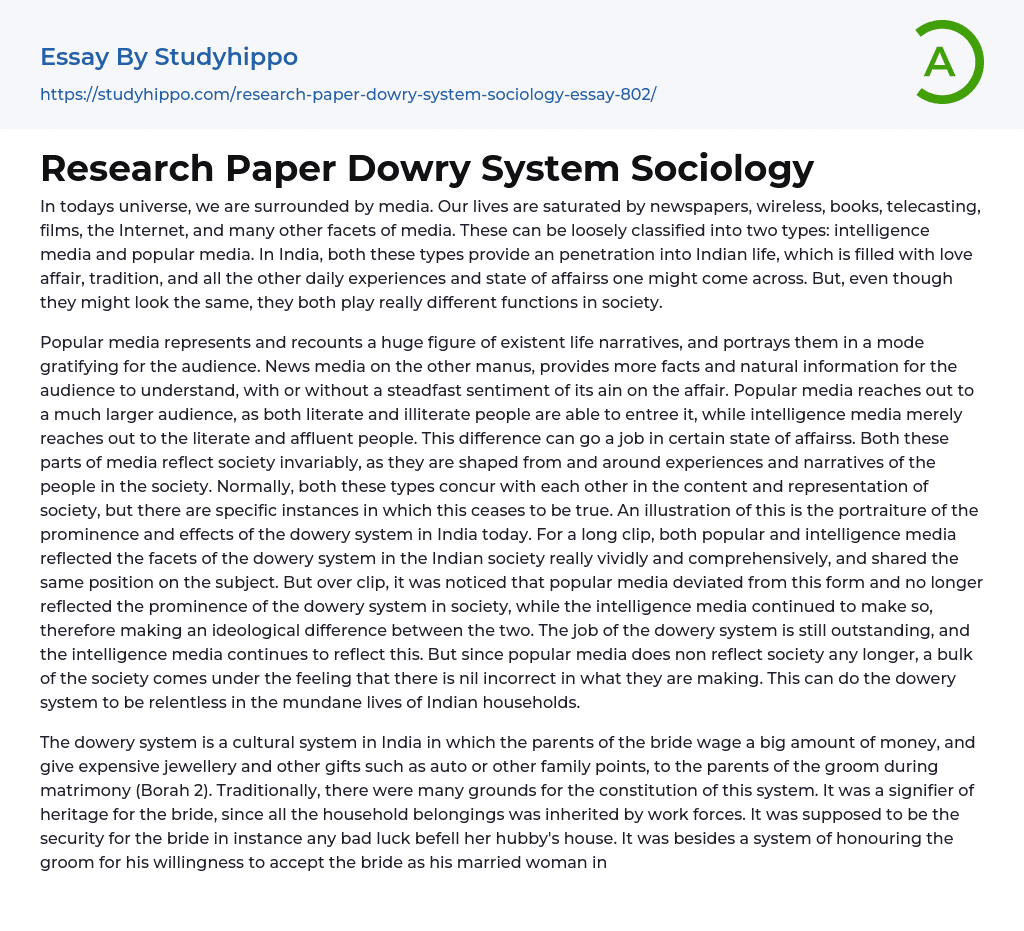 Research Paper Dowry System Sociology Essay Example
