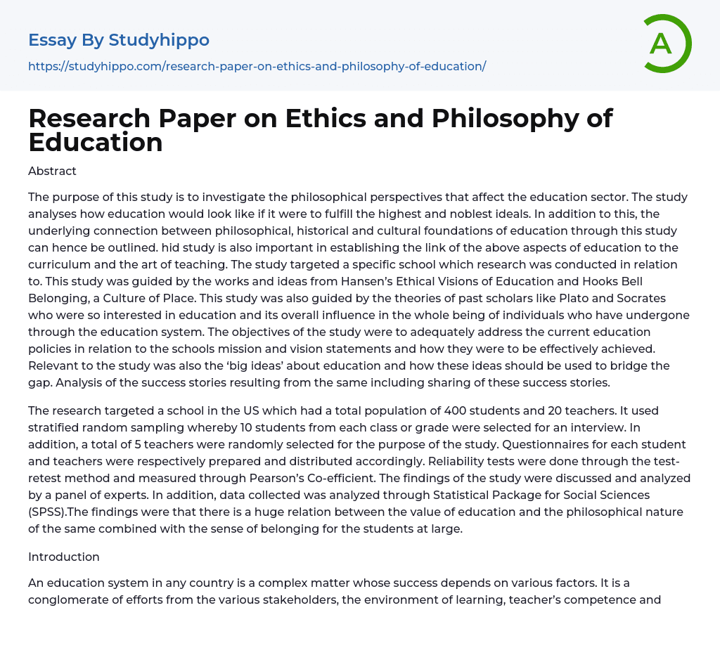 Research Paper on Ethics and Philosophy of Education Essay Example