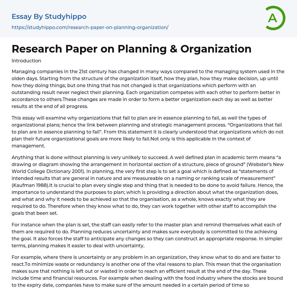 Research Paper on Planning & Organization Essay Example